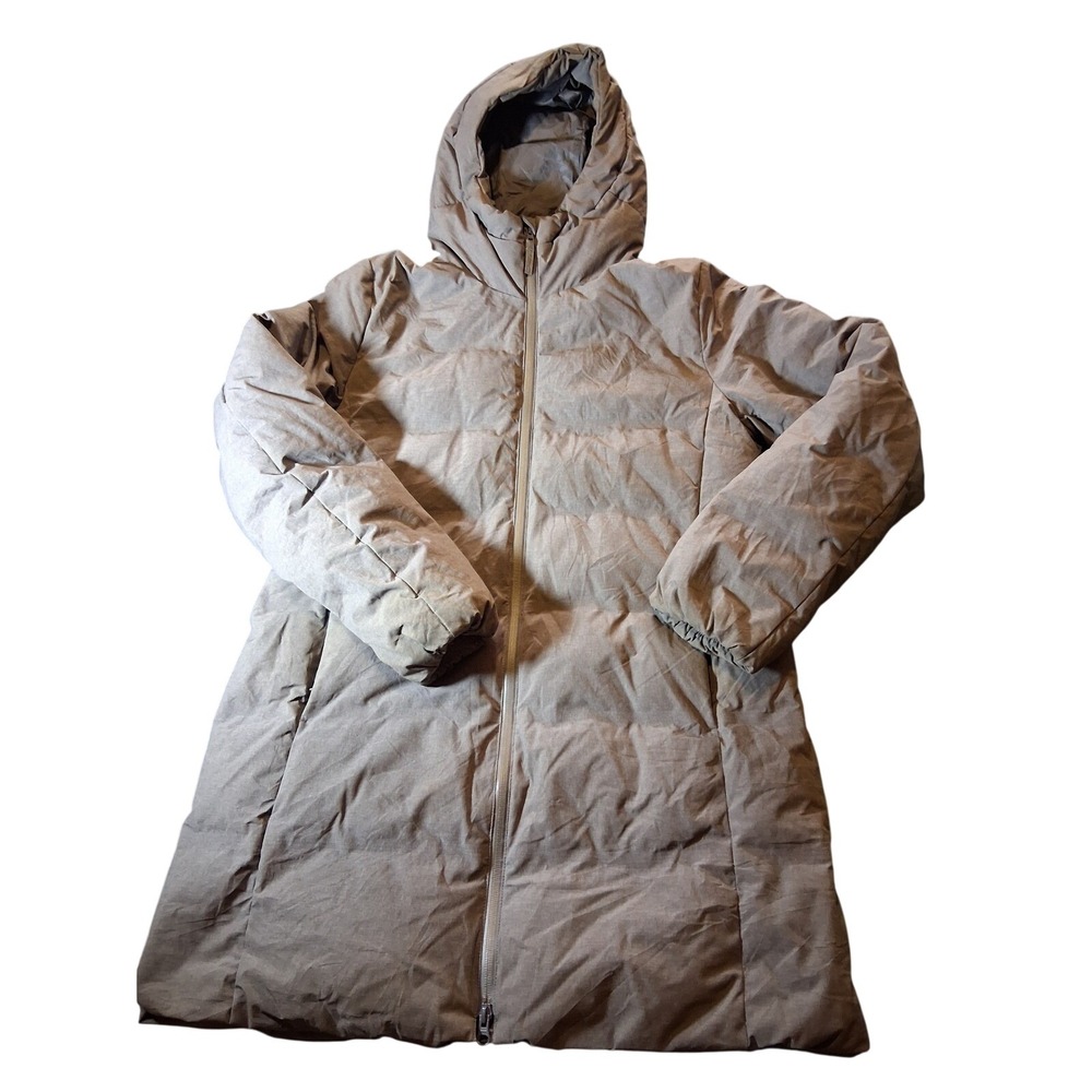 Uniqlo Seamless Down Coat Womens Medium Taupe Gray Hooded Puffer Parka 409124